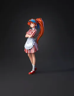 anime girl wearing red and white striped dress with light blue apron a