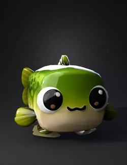 cartoon fish with big eyes green gradient body yellow fins glossy t