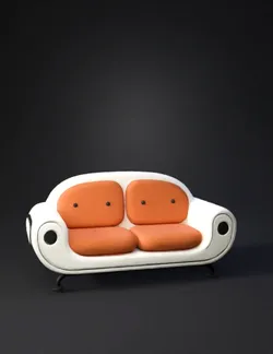 curved lounge sofa with orange cushions and speckled white shell on bl