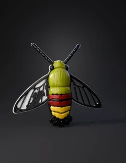 green bee pin badge with black outline and transparent wings yellow t