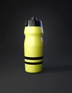 neon yellow plastic water bottle with black screw on cap two black ba