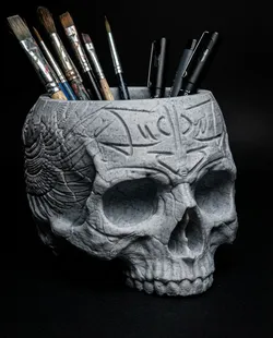 Ancient Skull Brush & Pen Holder | Gothic Desk Organizer | Anatomical Skull 3D Print
