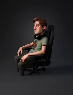 character at workstation with multiple monitors showing rigging diagra