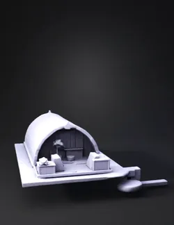 curved wooden shelter with blue fabric shell interior bench and potte