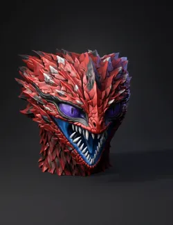 dragon head fantasy creature with red scales purple eyes blue mouth
