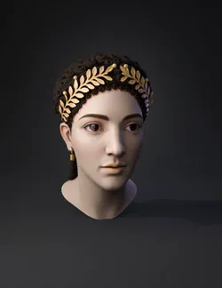 head sculpture with gold laurel wreath dark curly hair beige skin to