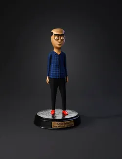 humanoid figure with large head wearing blue plaid shirt black pants