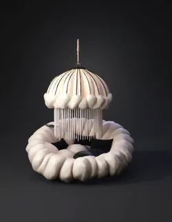 rounded plush chair with white fur texture and black cushions suspend