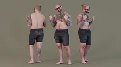 Tattooed Confidence in Black Denim Shorts