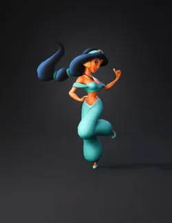 turquoise genie with flowing black hair gold accessories and a turqu
