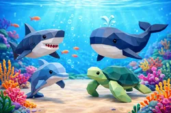 Abstract Minimal Animals – Sea Set (Low Poly Shark, Whale, Dolphin & Turtle)