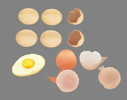 a pile of eggs - fried egg - yolk - eggshells - broken eggs