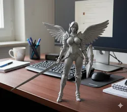 female angel in armor with sword and shield