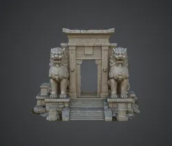 Ancient Temple Entrance with Stone Lions