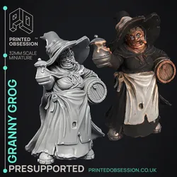 Granny Grog - Black Witch -  PRESUPPORTED - Illustrated and Stats - 32mm scale