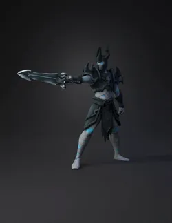 armored fantasy warrior with glowing cyan greatsword dark spiky armor