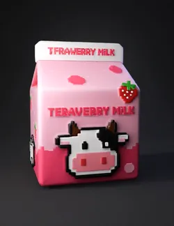 Create a Strawberry milk box with a cute cow on the bottom side Pixel