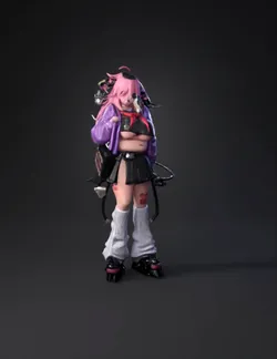 demon girl character with pink hair and horns wearing purple jacket