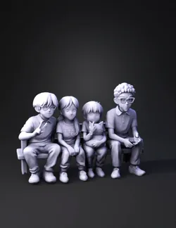 group of four children on a bench outdoors with a plush cat