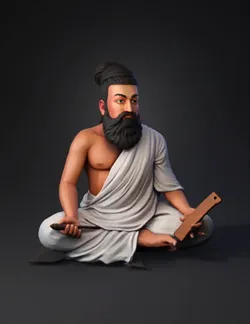 meditating sage with orange skin white robe seated cross legged hol