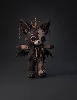 patchwork bat plush with stitched seams crown wings and metal accen