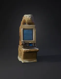 stone pedestal holding a glowing blue tablet computer console with car