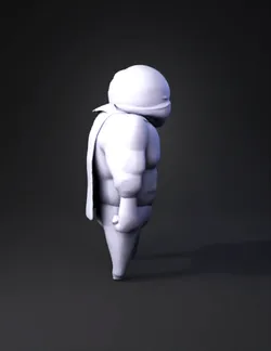 stylized humanoid character with black helmet and red outfit