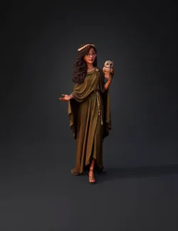 woman with owl in forest wearing olive green goddess dress long wavy
