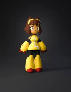 yellow mecha character with yellow armor and red accents cartoon styl