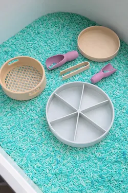 Montessori Sensory Tools Set – Scoop, Sieve, Tweezers & Plates