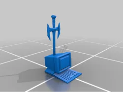 Computer with a sword through it (Desks & Day Job Logo)