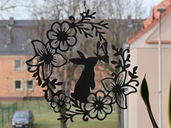 Easter Bunny Wall Art Window Decoration with Flowers and Butterfly