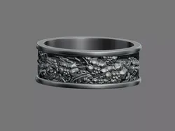 Floral holly bush wedding band ring 3D print model