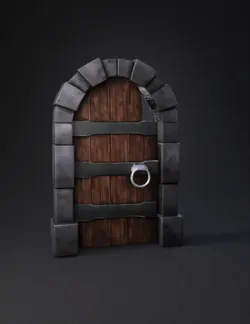 arched wooden door with stone arch and metal ring