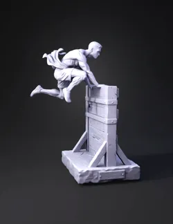 bronze athlete statue jumping over wooden obstacle with stone base and