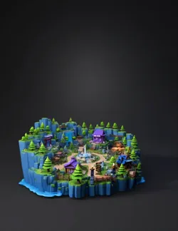 central fountain plaza with waterfalls winding paths colorful shops
