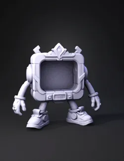 cube shaped robot with gold accents blue illuminated panels and crown