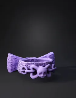 purple skull bracelet with chunky linked links and glossy plastic text