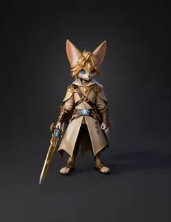 anthropomorphic fox knight in ornate white armor with glowing blue swo