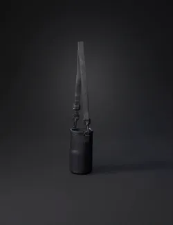 black cylindrical water bottle holder with adjustable strap and metal