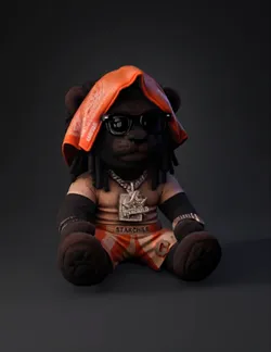 brown plush teddy bear wearing orange clothing and jewelry with banda