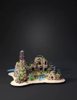 creame una isla 3d con cuevas un mini rio con puentes y acorde a un vi