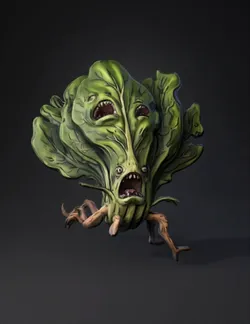 leafy plant creature with multiple leaf limbs green body expressive