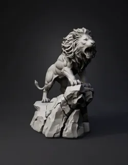 lion statue on rocky pedestal stone sculpture with muscular features