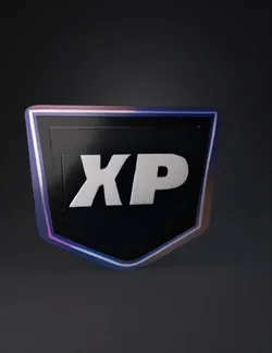 shield badge with XP text glossy gradient surface neon rim and layer