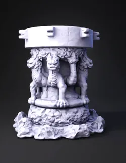 stone pedestal featuring four lion statues around a central column wit