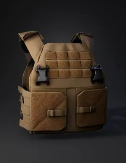 tan tactical vest with MOLLE webbing and front pockets