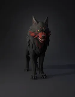 dark wolf creature with black fur and red muzzle snarling expression