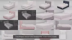 Luxury Wingback Diamond-Tufted Upholstered Bed - 5 Color Variant 3D Model Pack