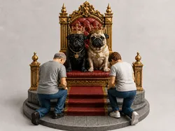 Mops Thron mit knicksenden Menschen/Pug throne with kinking people